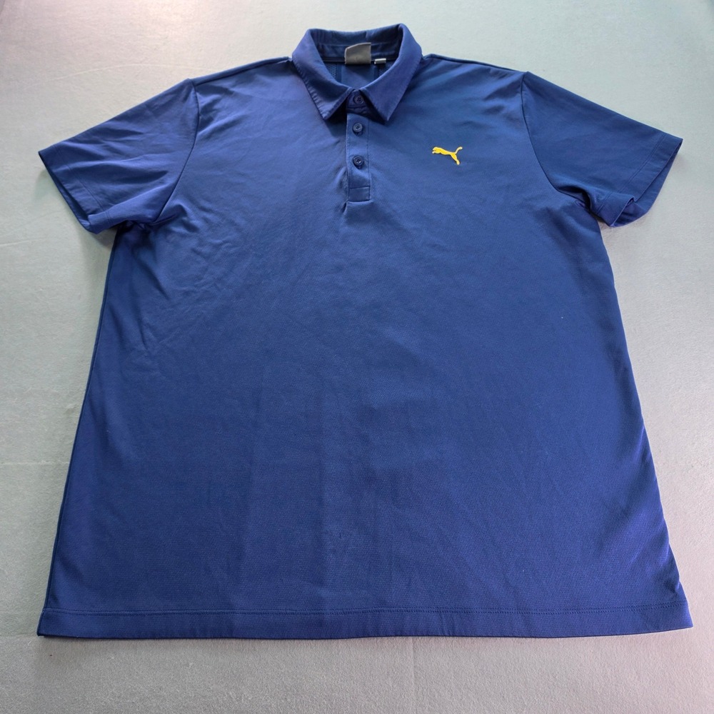 Puma Mens Golf Polo Blue Yellow Logo Short Sleeve XL Athletic Performance